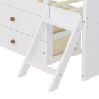 Lit mezzanine bas double avec 4 tiroirs de rangement, barrière de sécurité, tête de lit et échelle