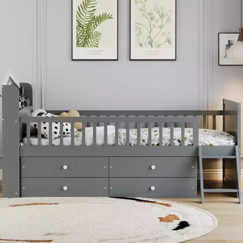 Lit mezzanine bas double avec 4 tiroirs de rangement, barrière de sécurité, tête de lit et échelle