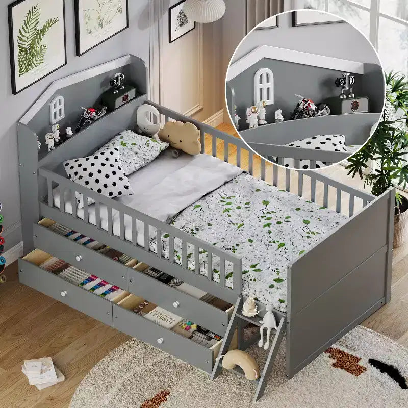 Lit mezzanine bas double avec 4 tiroirs de rangement, barrière de sécurité, tête de lit et échelle
