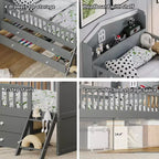 Lit mezzanine bas double avec 4 tiroirs de rangement, barrière de sécurité, tête de lit et échelle