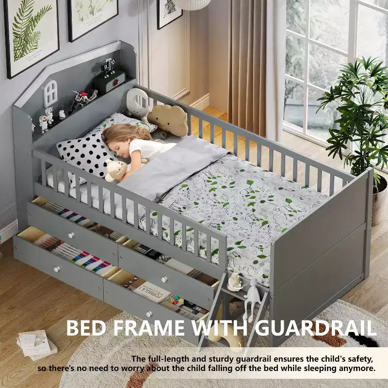 Lit mezzanine bas double avec 4 tiroirs de rangement, barrière de sécurité, tête de lit et échelle
