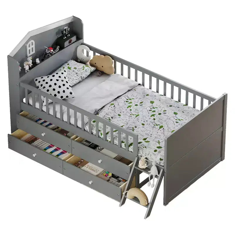 Lit mezzanine bas double avec 4 tiroirs de rangement, barrière de sécurité, tête de lit et échelle