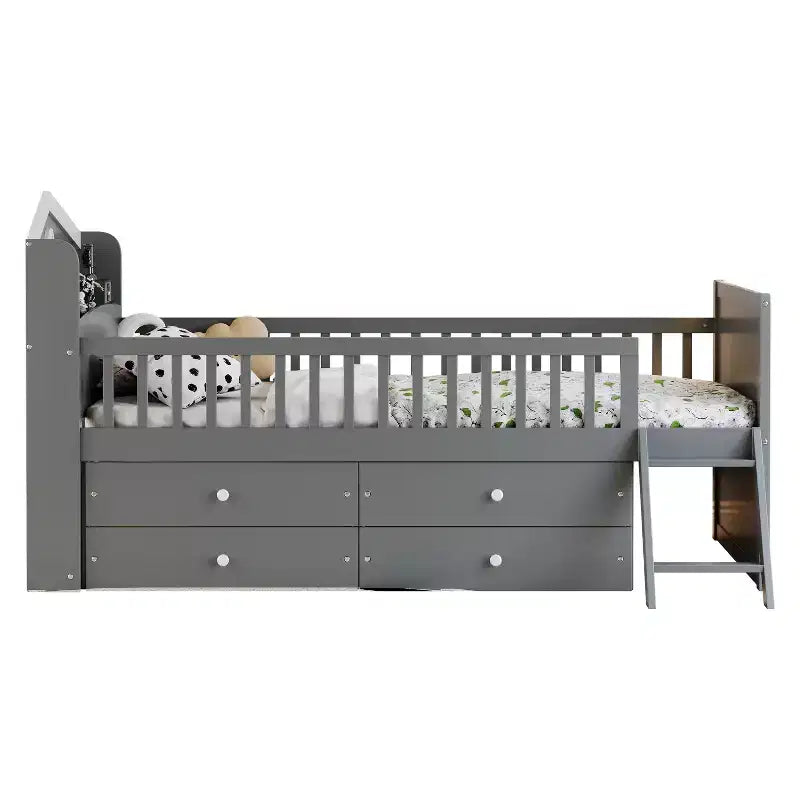 Lit mezzanine bas double avec 4 tiroirs de rangement, barrière de sécurité, tête de lit et échelle