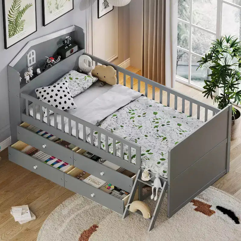Twin Size Low Loft Bed with Storage 4 Drawers, Wooden Loft Bed with Guardrail Headboard and Ladder, Twin Platform Bed for Kids