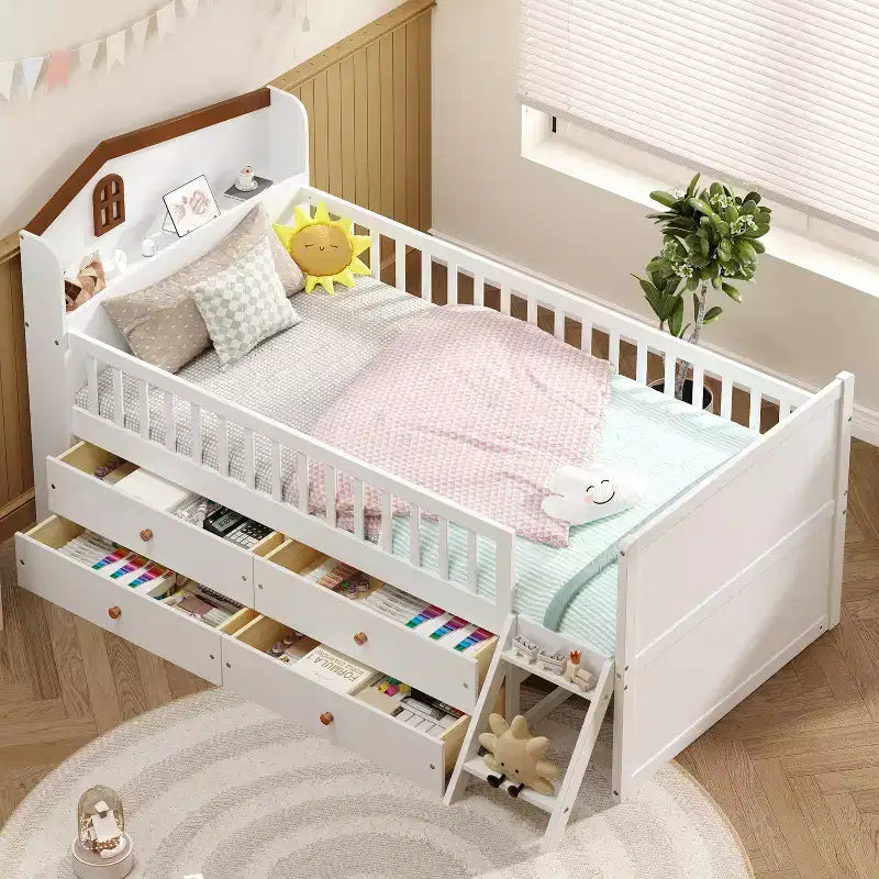 Lit mezzanine bas double avec 4 tiroirs de rangement, barrière de sécurité, tête de lit et échelle