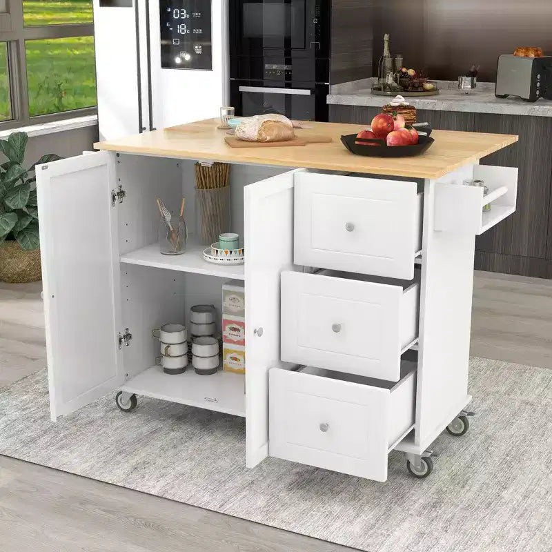 Desserte de cuisine avec plateau en bois et roulettes verrouillables