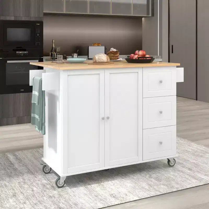 Okak Kitchen Cart with Wooden Top and Lockable Wheels, Kitchen Island with Drop Leaf, Spice Rack & Towel Rack, Countertop Organizer for Kitchen