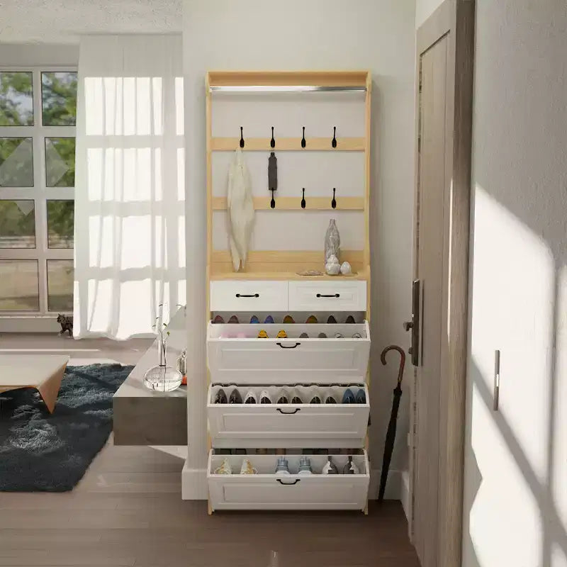 Tall, modern shoe cabinet with 3 flip-top doors, 2 drawers, and 8 hooks freestanding shoe cabinet