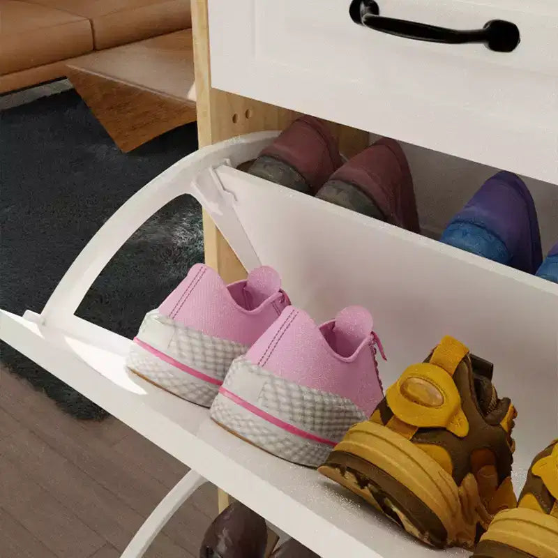 Meuble à chaussures autoportant avec portes basculantes, tiroirs et crochets