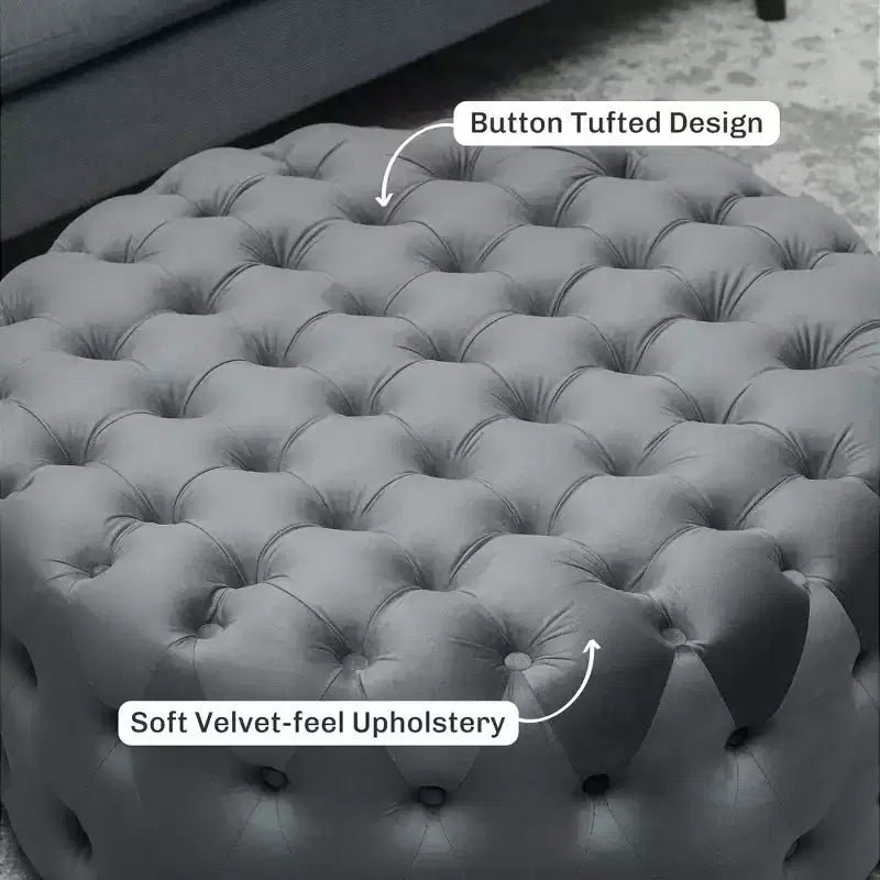 Table basse pouf ronde avec revêtement en velours et capitonnage à boutons