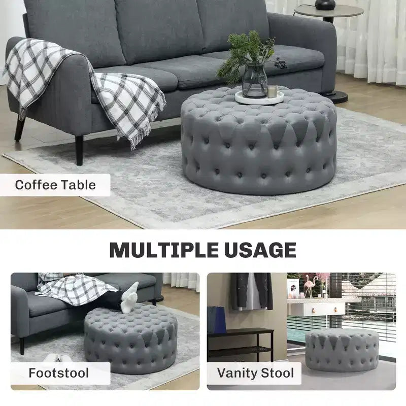Table basse pouf ronde avec revêtement en velours et capitonnage à boutons