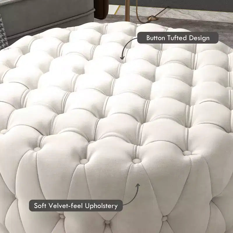 Table basse pouf ronde avec revêtement en velours et capitonnage à boutons