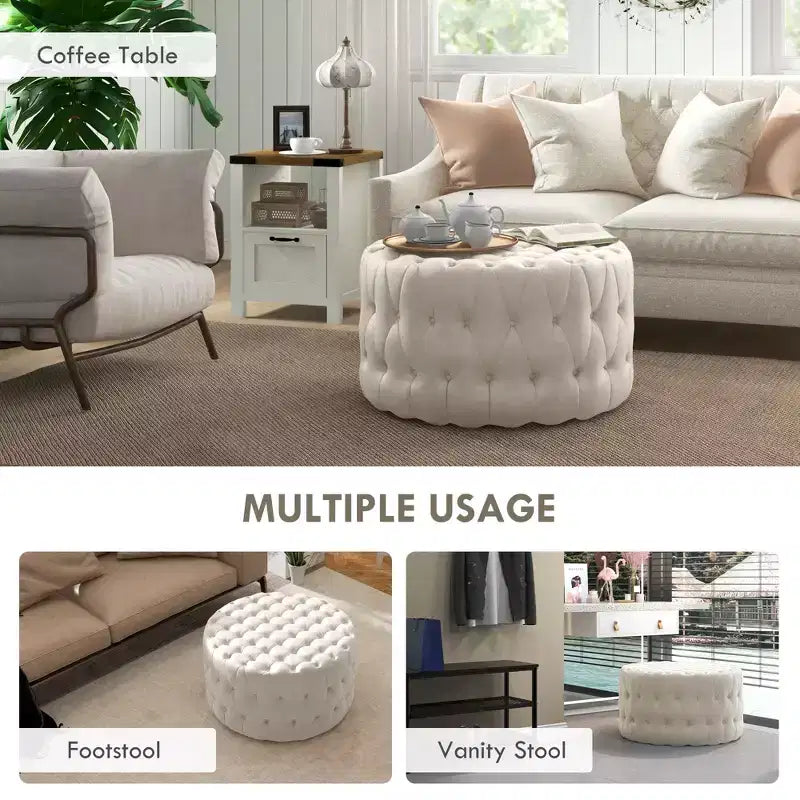 Table basse pouf ronde avec revêtement en velours et capitonnage à boutons