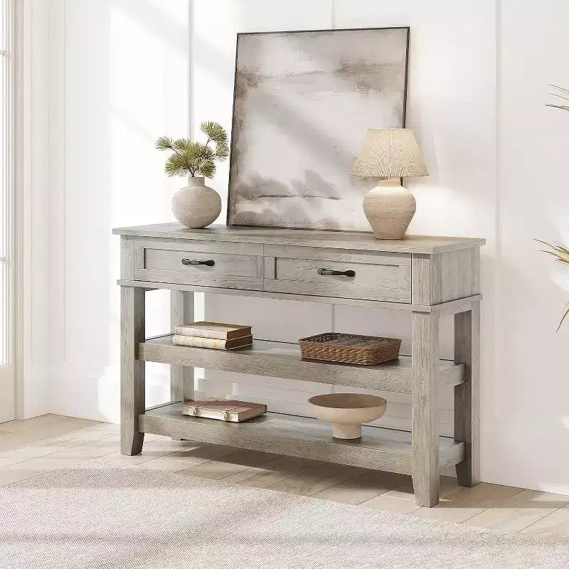 3-Tier Console Table, 47 Retro Entryway Table with 2 Storage Drawers ,Narrow Wooden Sofa Table with Open Shelf for Living Room, Foyer, Hallway