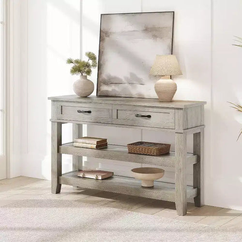 3-Tier Console Table, 47 Retro Entryway Table with 2 Storage Drawers ,Narrow Wooden Sofa Table with Open Shelf for Living Room, Foyer, Hallway