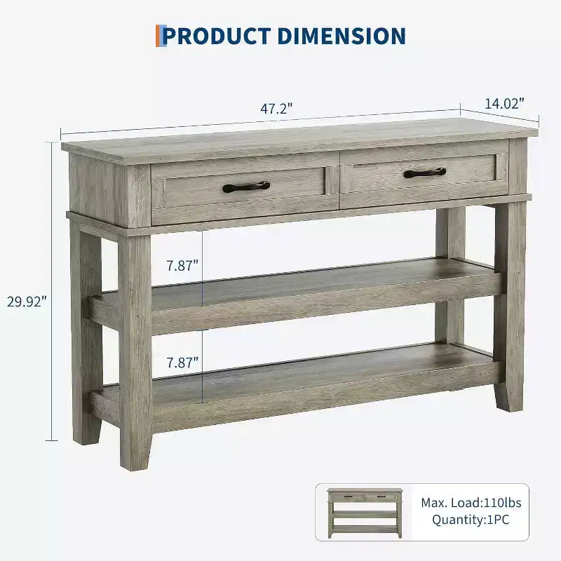 Console 3 niveaux avec 2 tiroirs, Table d'entrée de 119,4 cm avec étagères ouvertes pour salon, foyer, couloir