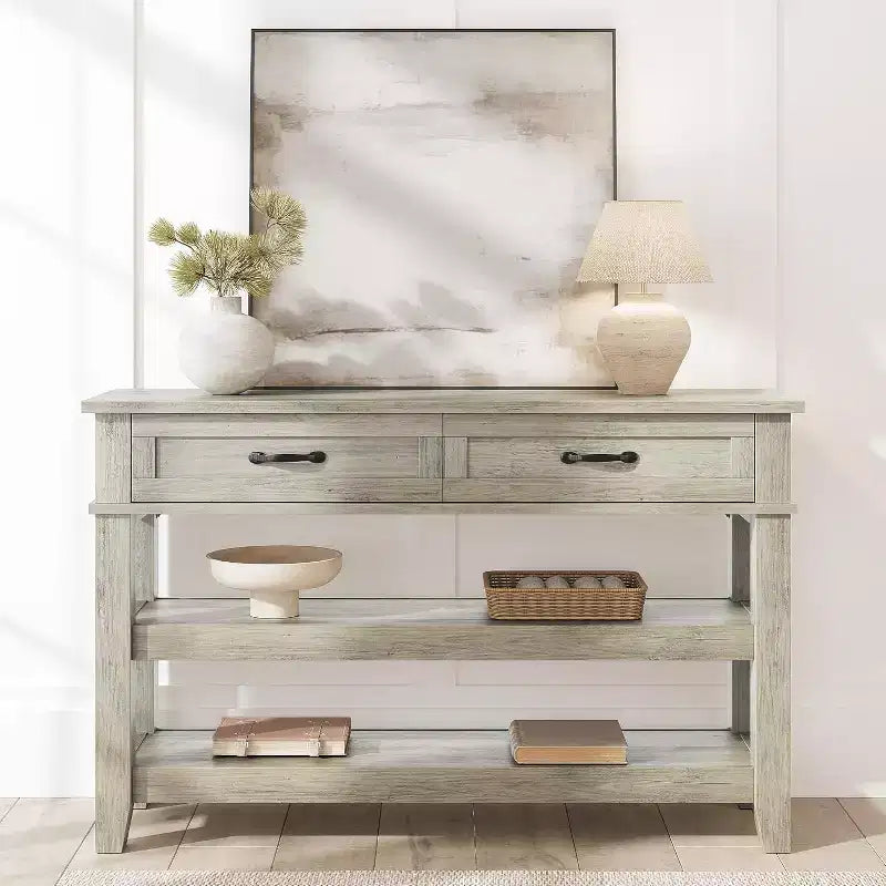 Console 3 niveaux avec 2 tiroirs, Table d'entrée de 119,4 cm avec étagères ouvertes pour salon, foyer, couloir