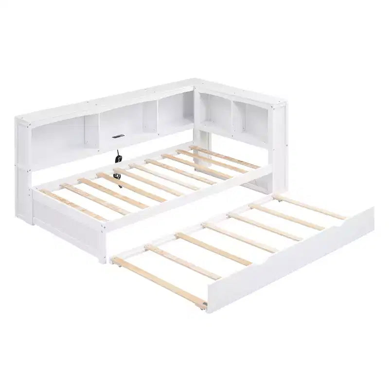 Lit de repos double avec lit gigogne, armoires de rangement et ports USB