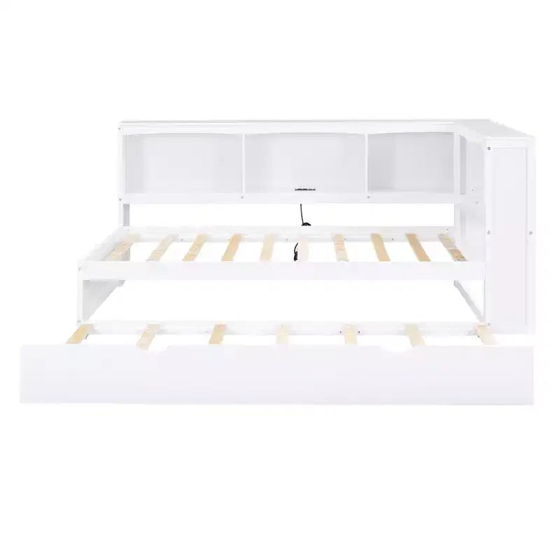 Lit de repos double avec lit gigogne, armoires de rangement et ports USB