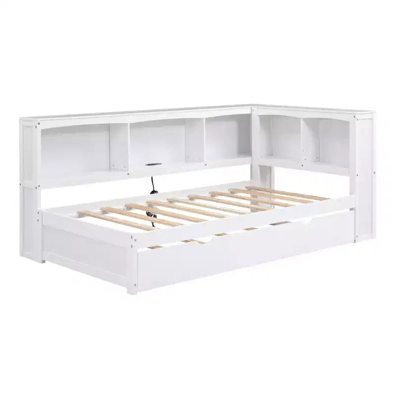 Lit de repos double avec lit gigogne, armoires de rangement et ports USB