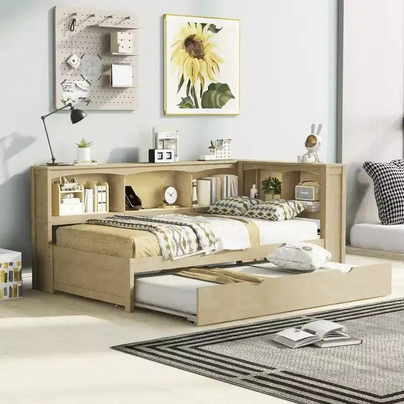 Lit de repos double avec lit gigogne, armoires de rangement et ports USB