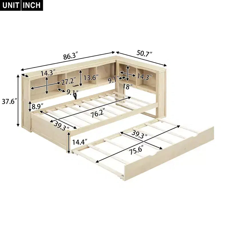 Lit de repos double avec lit gigogne, armoires de rangement et ports USB