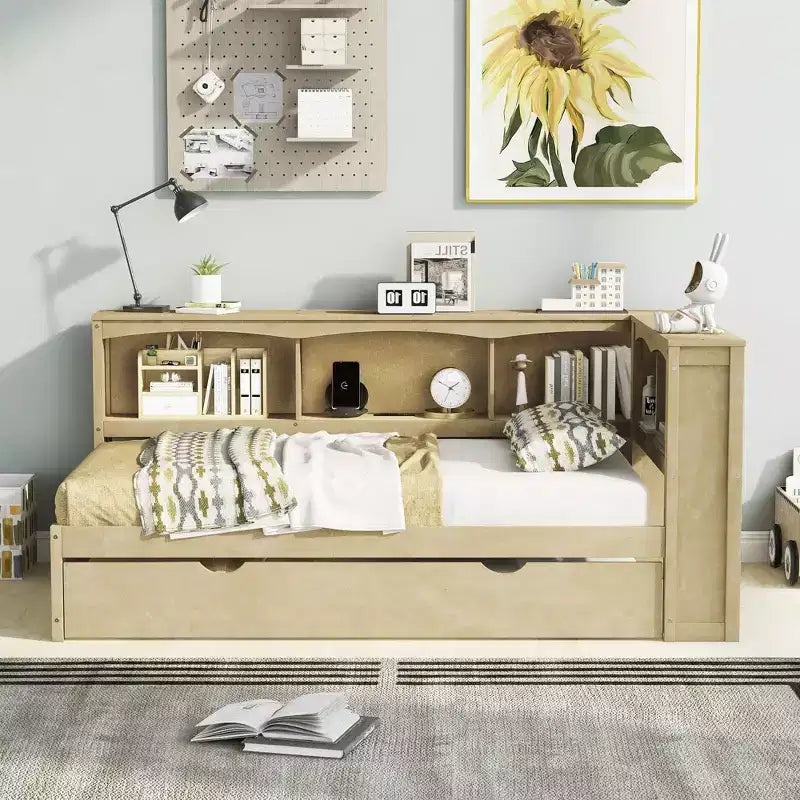 Lit de repos double avec lit gigogne, armoires de rangement et ports USB