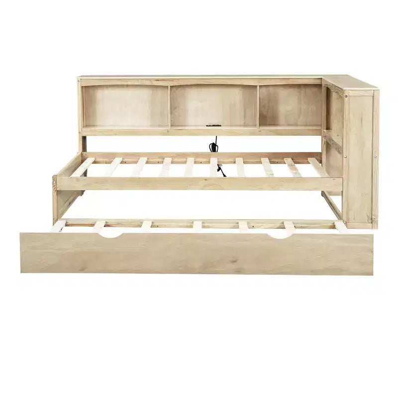 Lit de repos double avec lit gigogne, armoires de rangement et ports USB