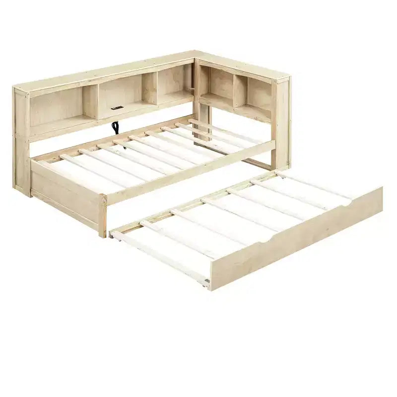 Lit de repos double avec lit gigogne, armoires de rangement et ports USB