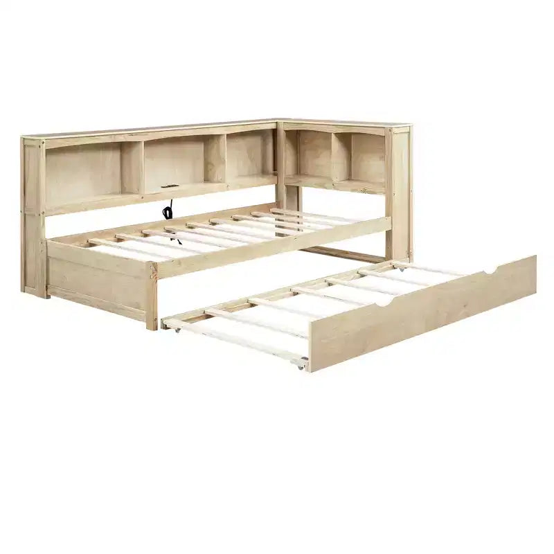Lit de repos double avec lit gigogne, armoires de rangement et ports USB