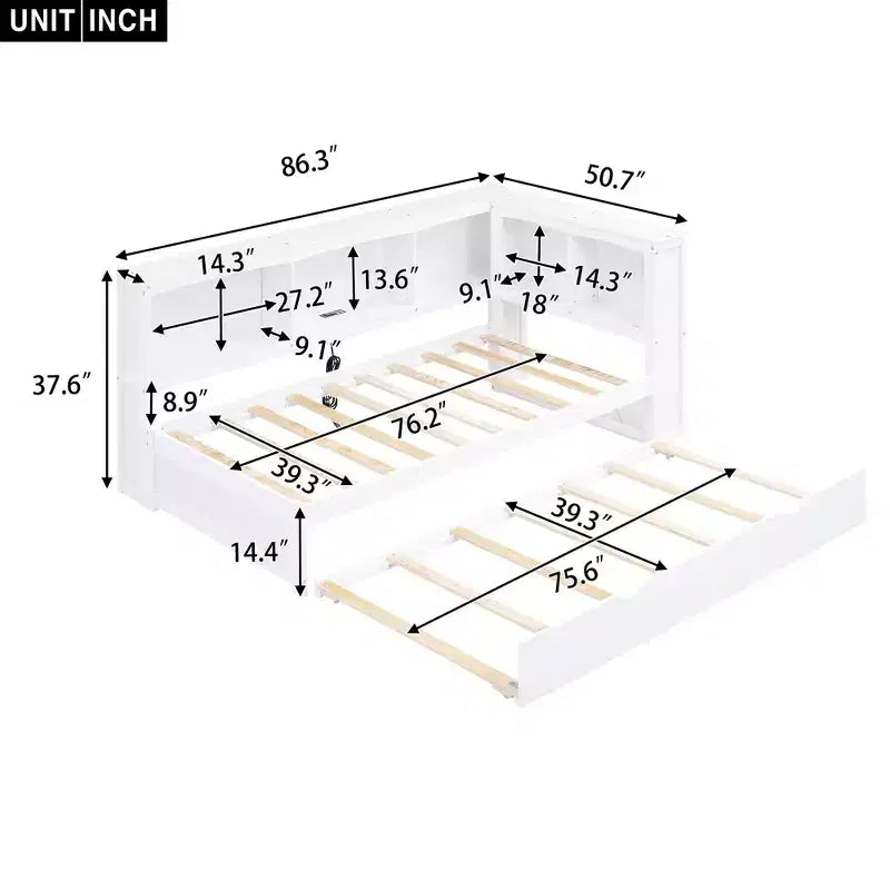 Lit de repos double avec lit gigogne, armoires de rangement et ports USB