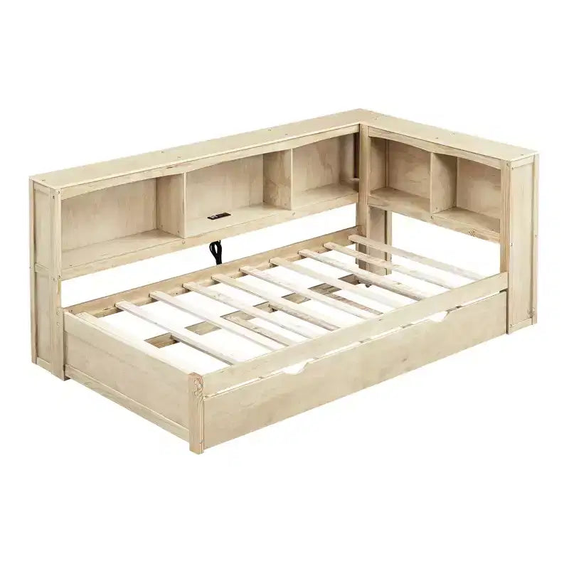 Lit de repos double avec lit gigogne, armoires de rangement et ports USB