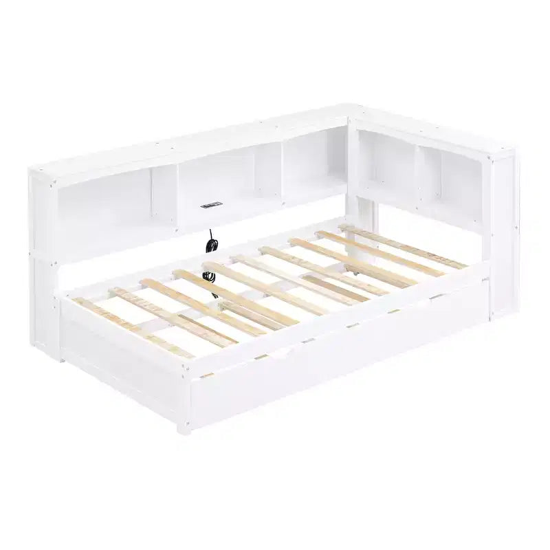 Lit de repos double avec lit gigogne, armoires de rangement et ports USB
