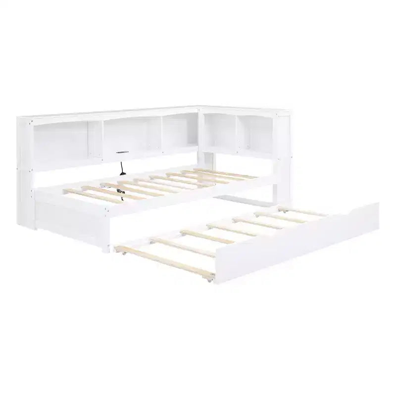 Lit de repos double avec lit gigogne, armoires de rangement et ports USB