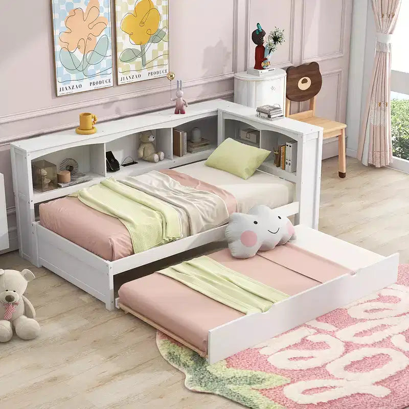Wooden Twin Size Daybed with Trundle and Storage Cabinet, Floor Day Bed Frame w/L-Shaped Bookcase Shelves and USB Ports for Bedroom