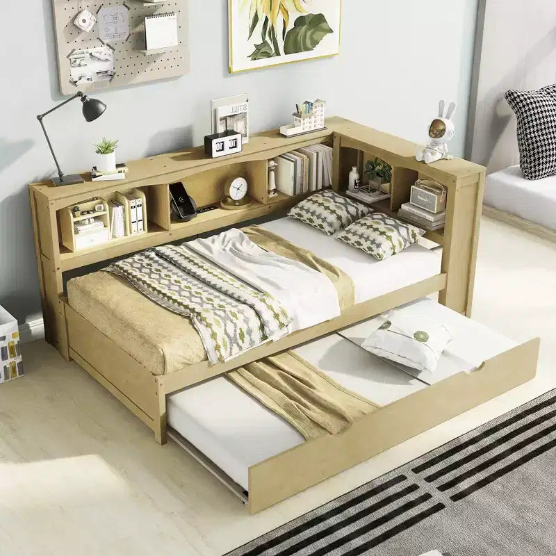 Lit de repos double avec lit gigogne, armoires de rangement et ports USB