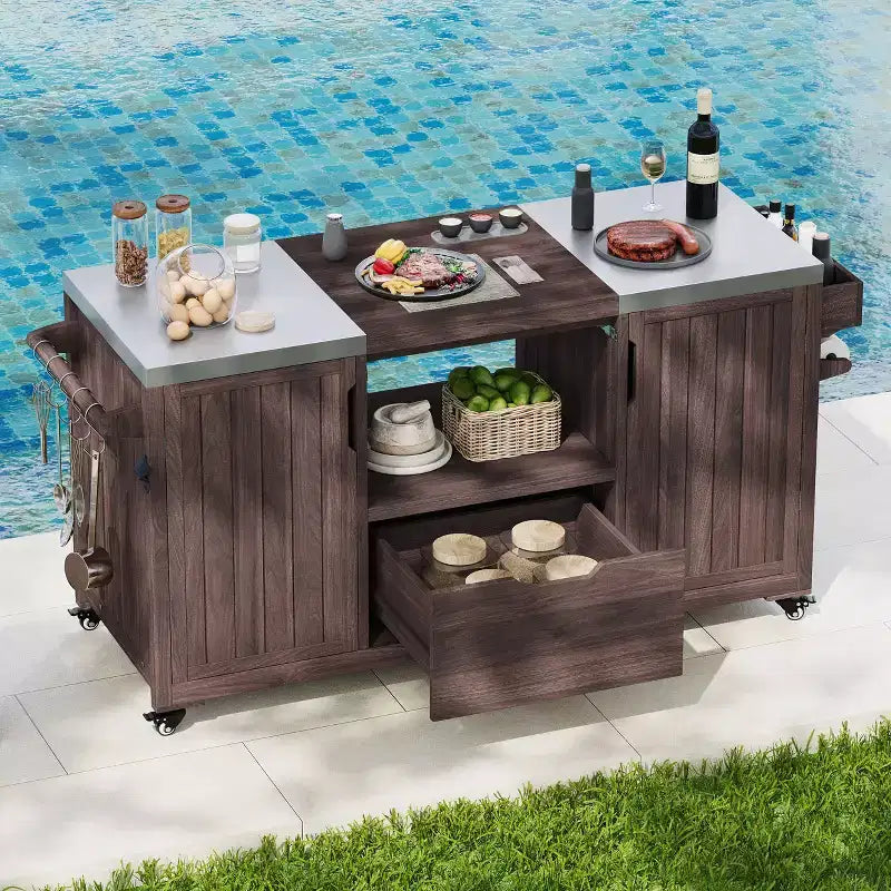 Îlot de cuisine extérieure avec plateau et grille en acier – Chariot de barbecue en bois massif avec armoire de rangement