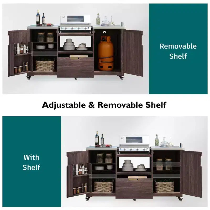Îlot de cuisine extérieure avec plateau et grille en acier – Chariot de barbecue en bois massif avec armoire de rangement