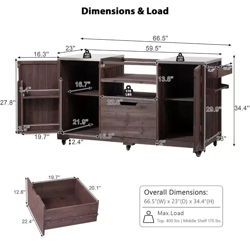 Îlot de cuisine extérieure avec plateau et grille en acier – Chariot de barbecue en bois massif avec armoire de rangement