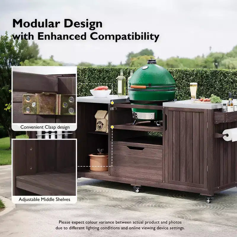 Îlot de cuisine extérieure avec plateau et grille en acier – Chariot de barbecue en bois massif avec armoire de rangement