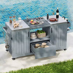 Îlot de cuisine extérieure avec plateau et grille en acier – Chariot de barbecue en bois massif avec armoire de rangement