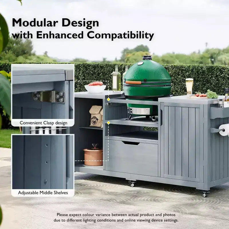 Îlot de cuisine extérieure avec plateau et grille en acier – Chariot de barbecue en bois massif avec armoire de rangement