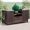 Okak Outdoor Kitchen Island with Steel Top & Rack,Solid Wood Grill Cart for Big Green Egg Grills,Storage Cabinet Dining Table