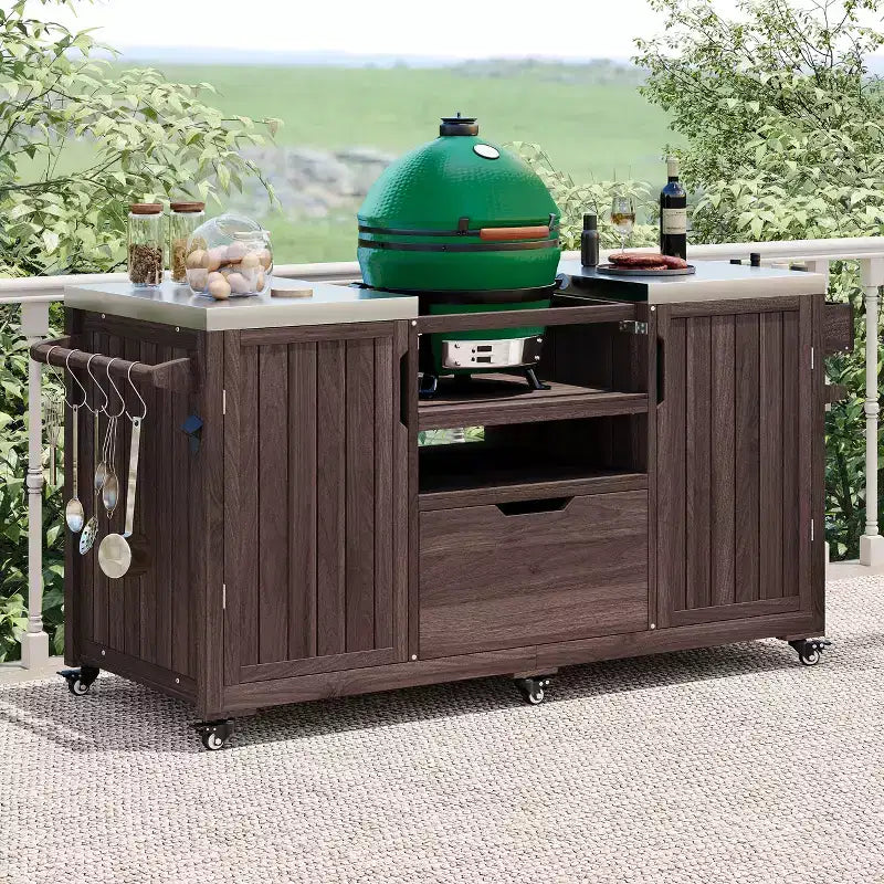 Okak Outdoor Kitchen Island with Steel Top & Rack,Solid Wood Grill Cart for Big Green Egg Grills,Storage Cabinet Dining Table