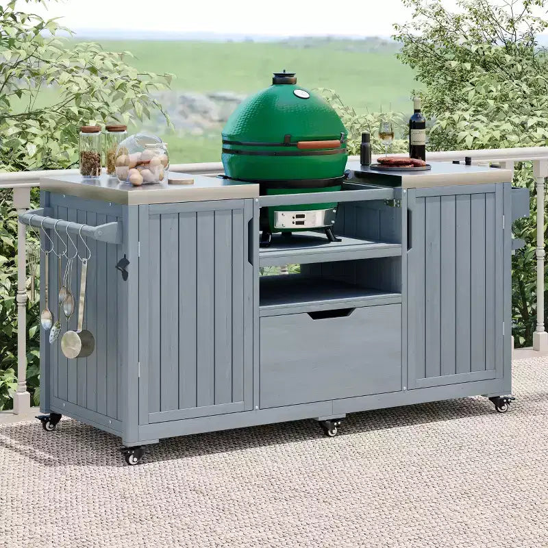 Îlot de cuisine extérieure avec plateau et grille en acier – Chariot de barbecue en bois massif avec armoire de rangement