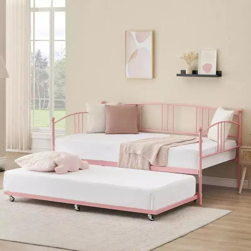 Lit de repos jumeau avec lit gigogne – Canapé-lit à cadre métallique avec lit gigogne coulissant