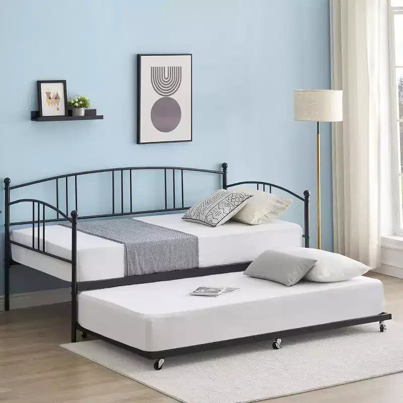 Lit de repos jumeau avec lit gigogne – Canapé-lit à cadre métallique avec lit gigogne coulissant