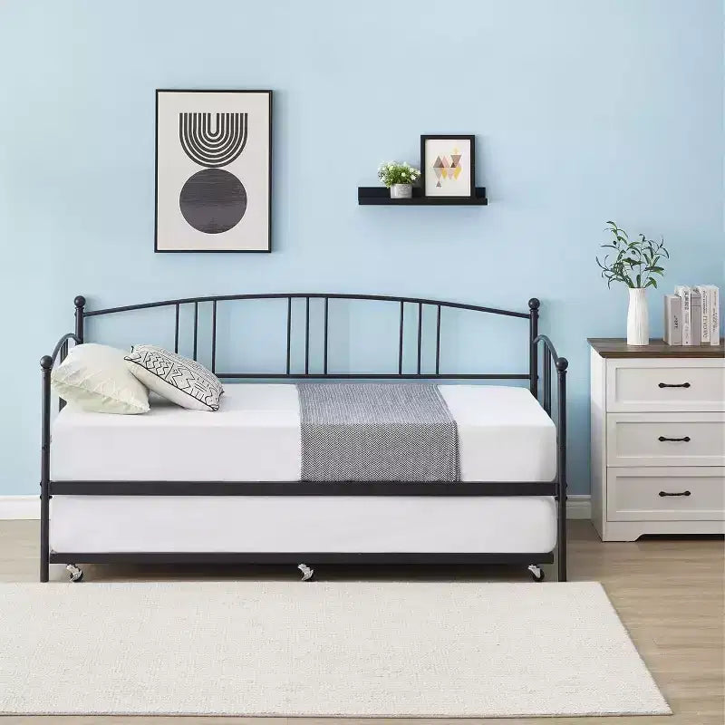 Acekool Twin Daybed with Trundle, Metal Frame Sofa Bed with Pull-Out Trundle for Living Room, Bedroom, and Guest Rooms