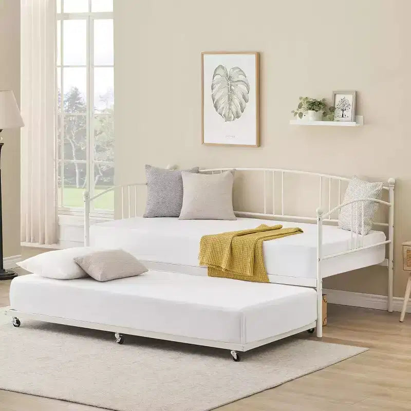 Lit de repos jumeau avec lit gigogne – Canapé-lit à cadre métallique avec lit gigogne coulissant