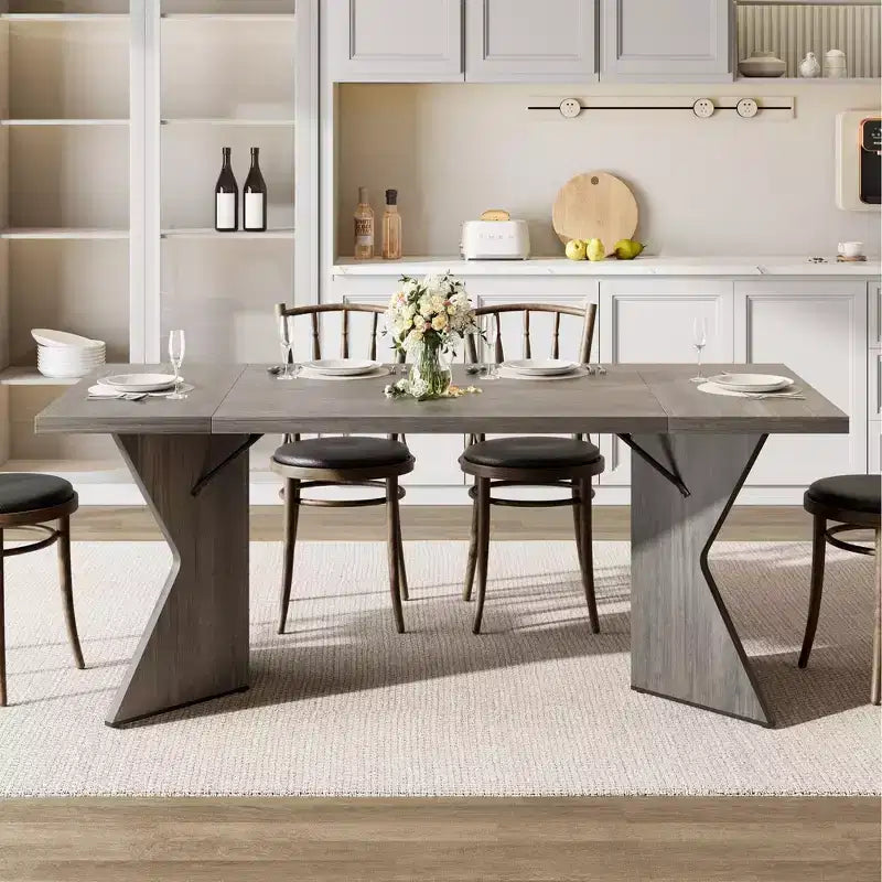 Table à manger rectangulaire 6 personnes avec pieds en C, style ferme rétro